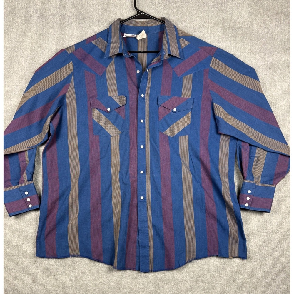 VTG Western Frontier Pearl Snap Western Shirt Striped 2X Blue Purple Tan USA